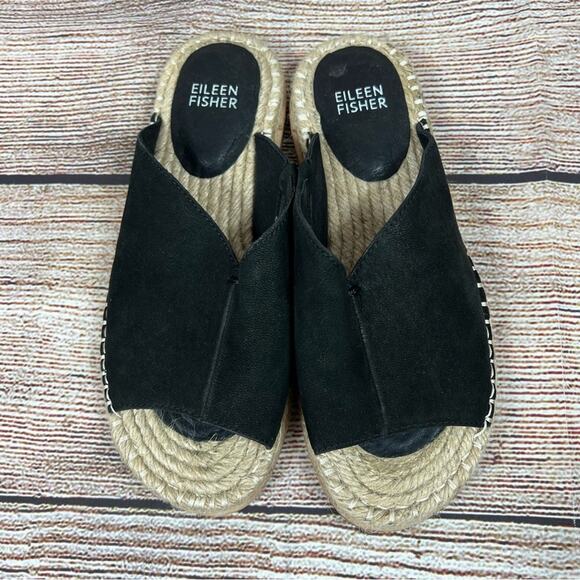 Eileen Fisher Milly Black Tumbled Nubuck Leather Espadrille Sandal Size 6.5 - Picture 2 of 12